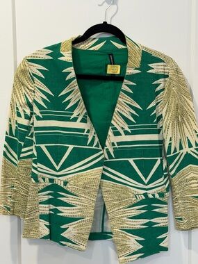 Green Palm Print Open-Front Blazer